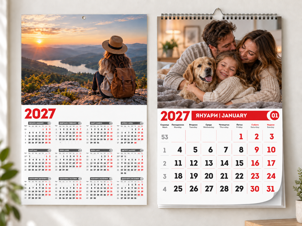 Персонализиран стенен календар 2027 – еднолистов и многолистов вариант със снимки