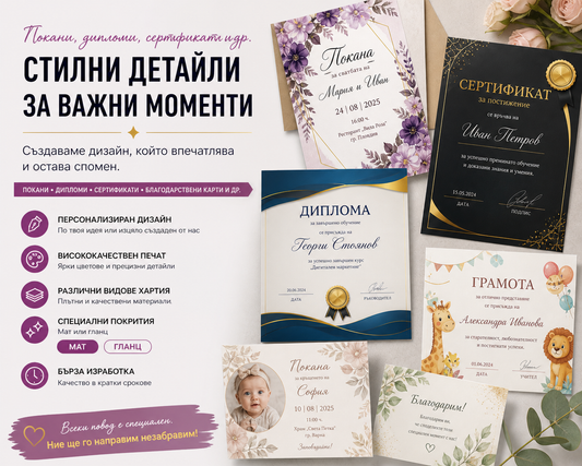 Покани, дипломи, сертификати и др.