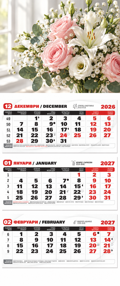 Персонализиран лепен трисекционен календар 2027 с три отделни тела